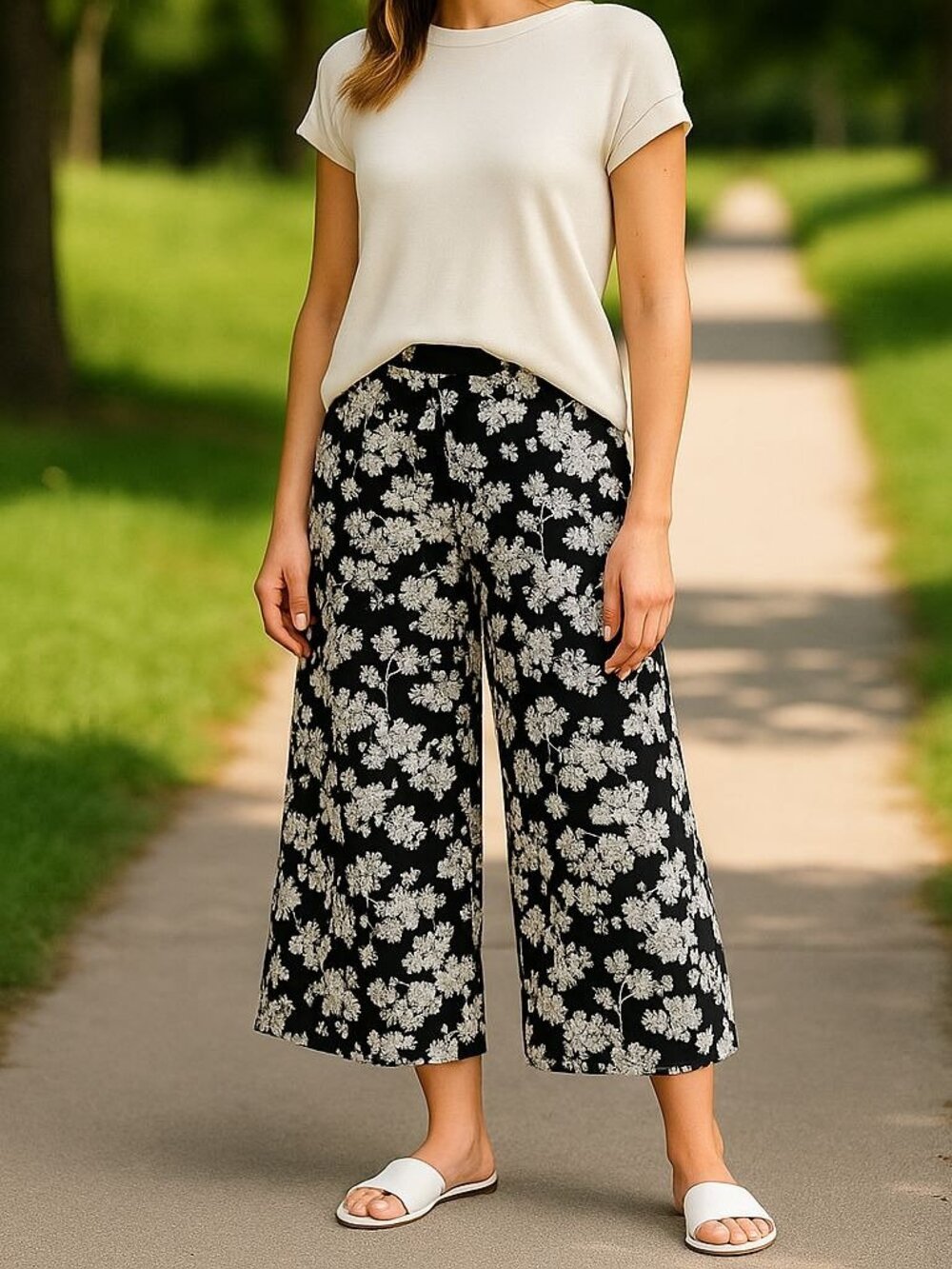 Vince Camuto Pull On Floral Wide Leg Cropped Pants Boho Vacation Womens Sz LG